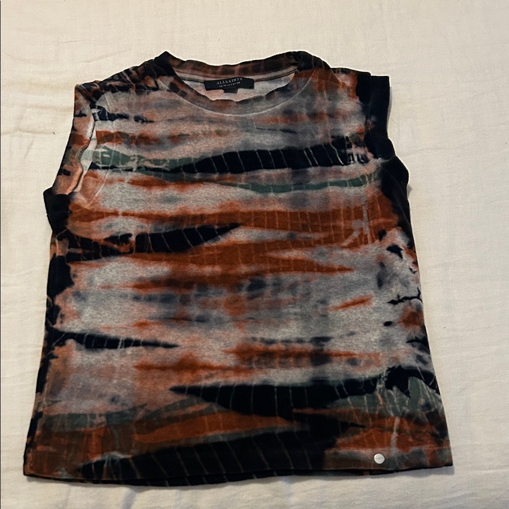 AllSaints Velvet Tie-Dye Sleeveless Tee in Rust, Black & Gray